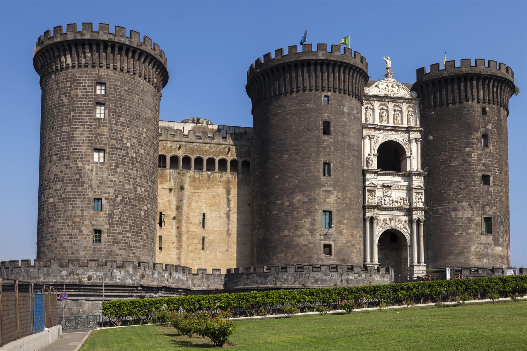 The round stone towers of Castel Nuovo, the medieval castle in Naples, Italy