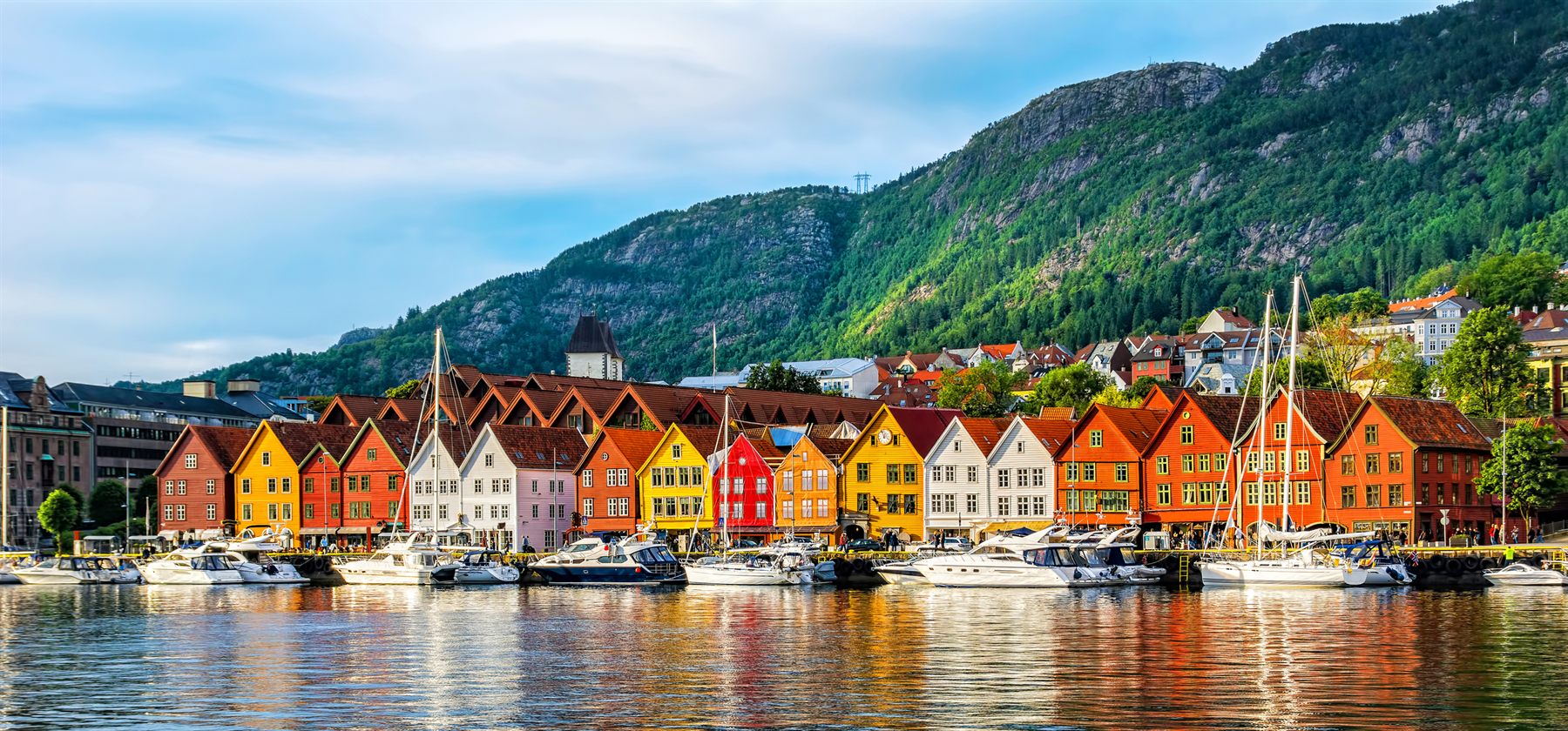The colorful wooden Bryggen wharf buildings on the harbor in Bergen, Norway
